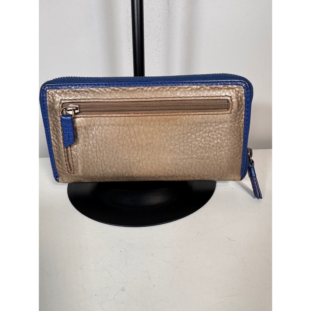 Fossil Metallic Gold Leather Star Garland Zip Around Clutch Wallet Blue Trim - Picture 2 of 8